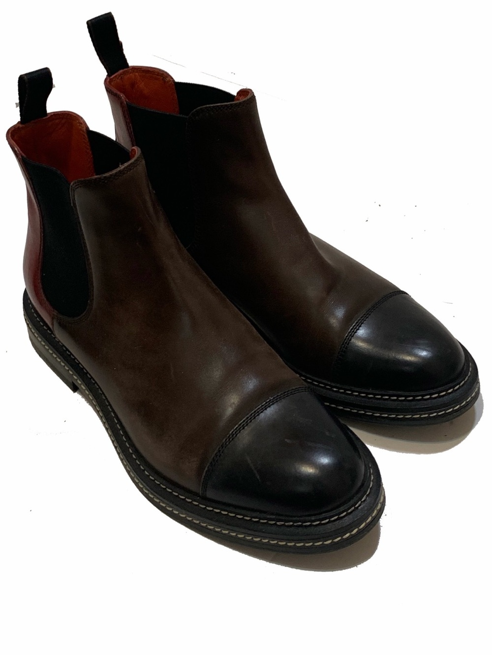 Santoni Brown Leather Chelsea Boots with Black Cap Toe